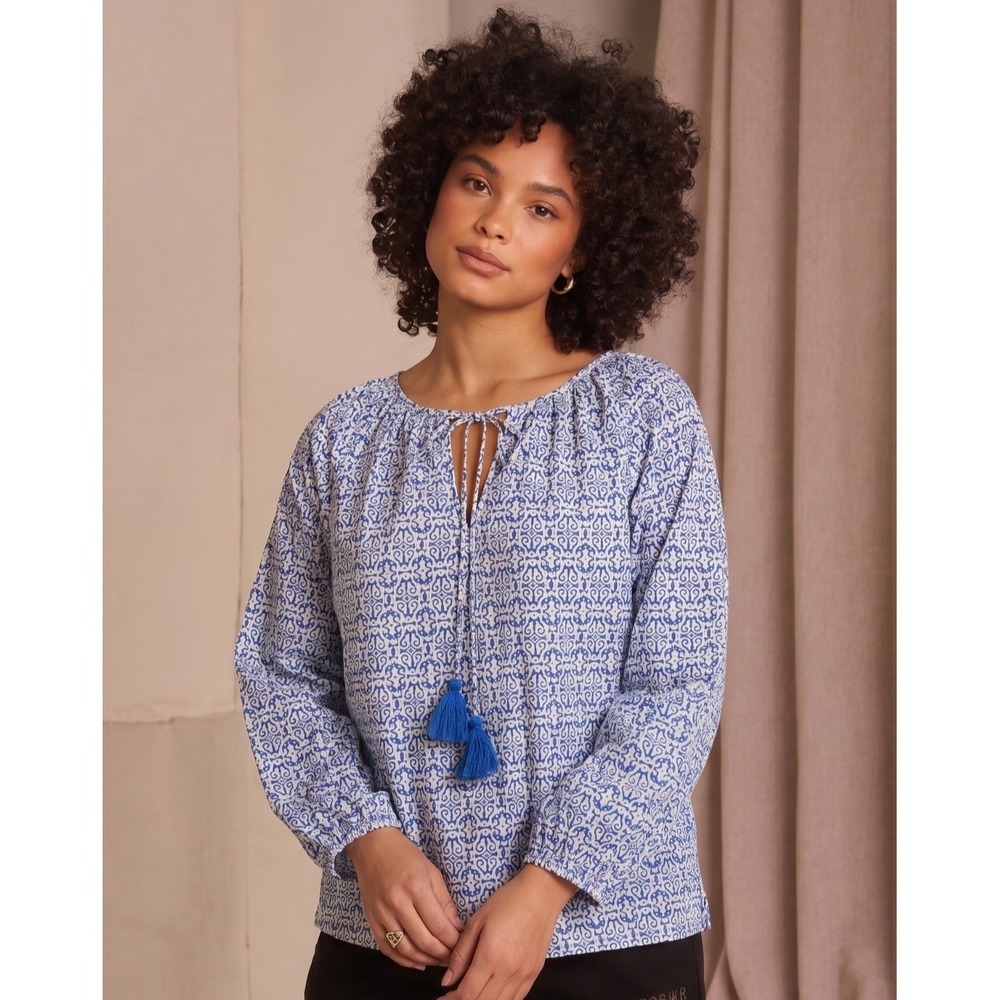 J.Crew Women's Blue White Raglan Cotton Tassel Tie Boho Peasant Top Medium
